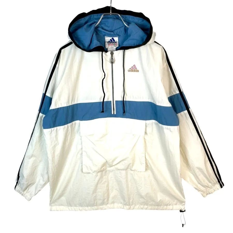 90sアディダスAdidas袖ラインアノラックパーカーナイロンジャケットプルオーバーフーディ3本線スリーストライプロゴ刺繍レトロカラー白オフホワイト水色ライトブルー茶色ブラウンピンクゆ