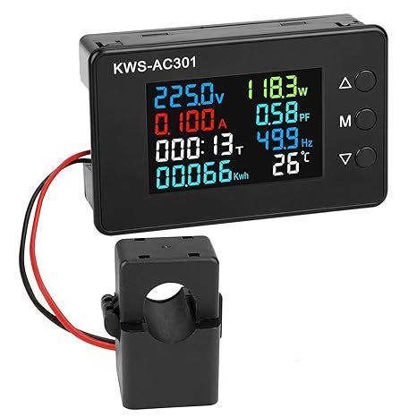 DROK AC 8-in-1 LCD監視メーター 50-300V 100A電圧電流力率周波数電力エネルギー時計温度モニター 電流計電圧計マルチメーターテスター 開閉CT付き 110V220VデジタルカラーLCD電圧電力検出器 データを