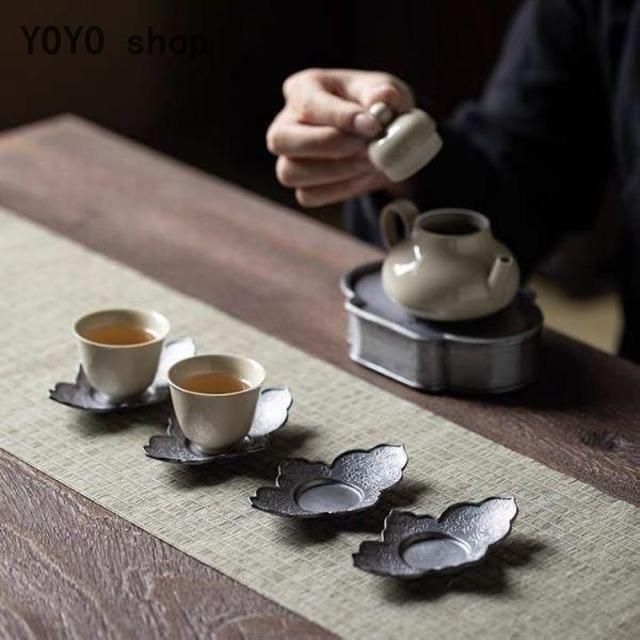 煎茶道具　古錫　花草文　茶托　五客　V　5132 煎茶道具 古錫 花草文 茶托 五客 V 5132