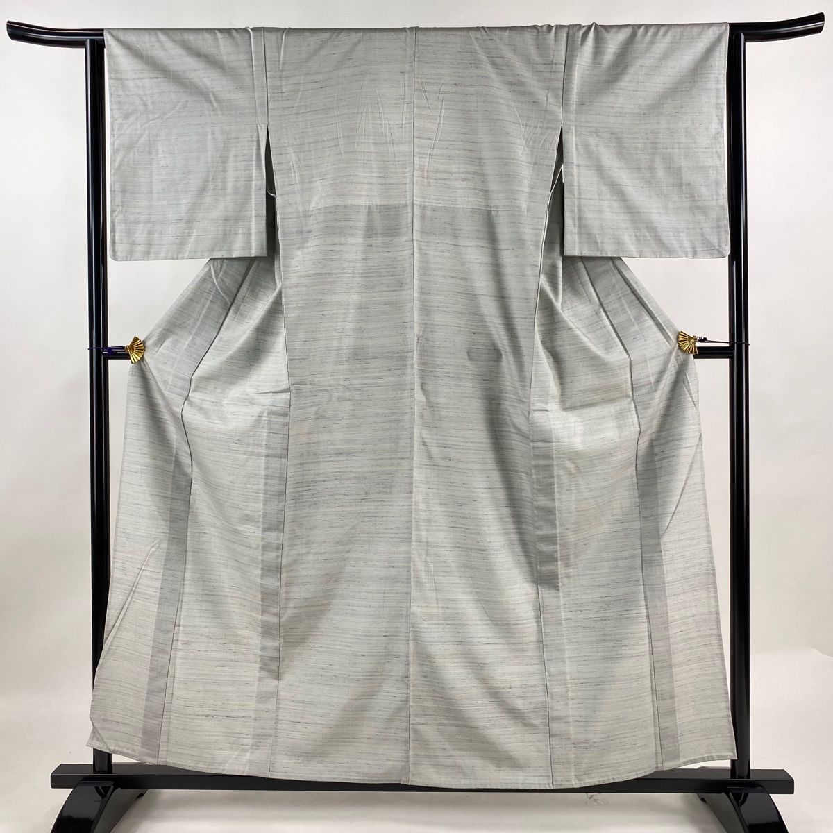 紬 身丈157.5cm 裄丈64cm M 単衣 縞 灰色 正絹 秀品