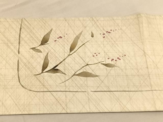 平和屋着物＊夏物　九寸名古屋帯　作家物　伊勢型染　笹の葉草花文　正絹　逸品　DAAW1856cm お買い得，お得