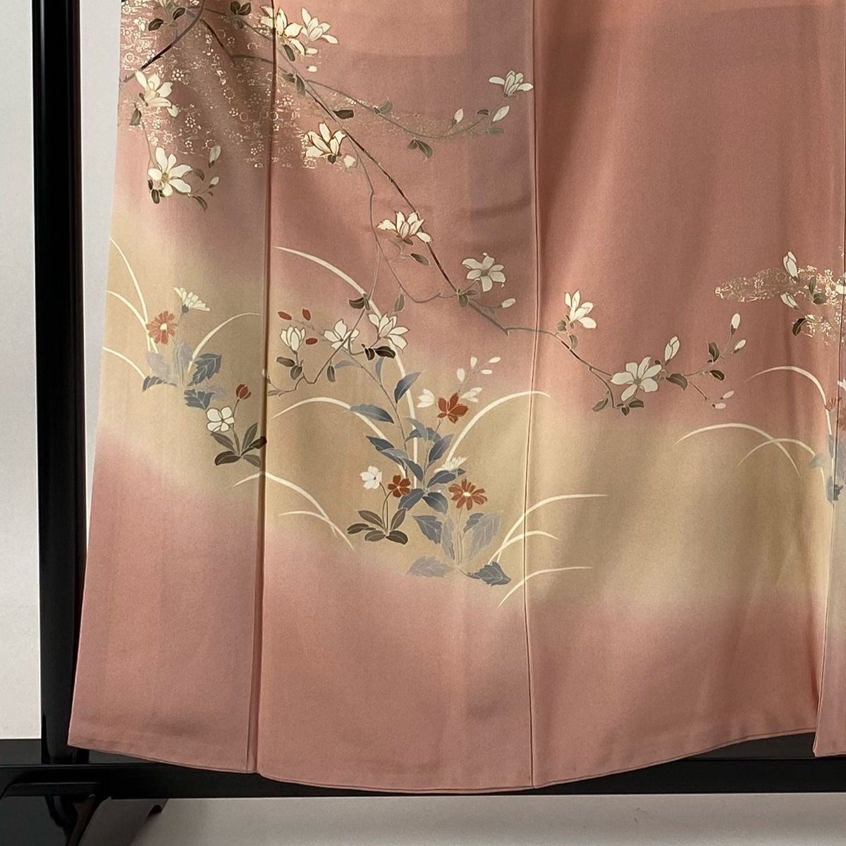 訪問着 身丈158cm 裄丈67cm M 袷 鈴乃屋 枝花 草花 金糸 金彩 ピンク 正絹 秀品