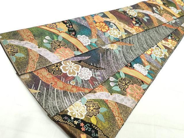 平和屋着物◎両面 半幅帯 唐織 雪芝花文 金糸 正絹 逸品