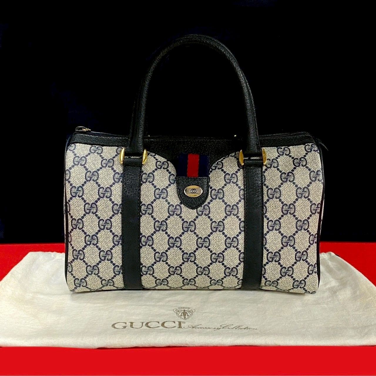 GUCCI グッチ グッチ ヴィンテージ シェリーライン GG ロゴ 金具 レザー ハンドバッグ ミニ ボストンバッグ 紺 814-4
