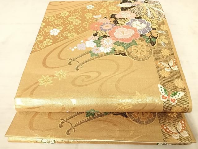 ♦︎きもの結♦︎金華山織 両面六通柄袋帯 草花 正絹♦︎24 平和屋着物◎佐賀錦 六通柄袋帯 花車文 金糸 正絹 逸品