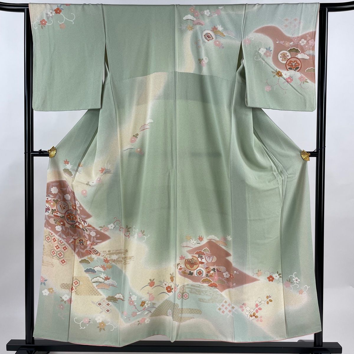 訪問着 身丈155.5cm 裄丈63cm S 袷 宝尽くし 霞 金彩 ぼかし 薄緑 正絹 名品