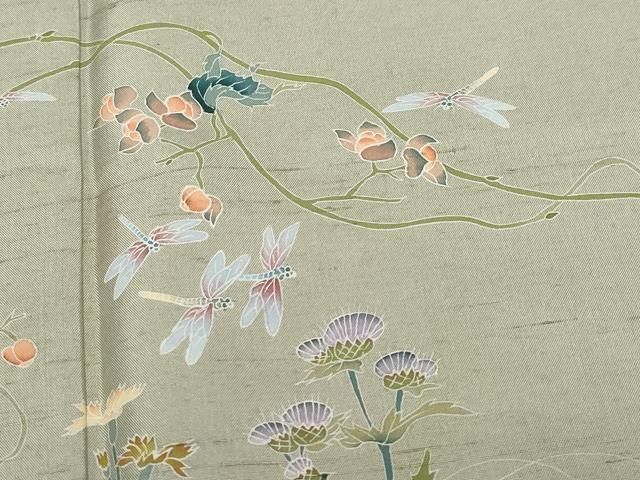 平和屋着物○十日町友禅作家 越村幸雪 訪問着 紬地 蜻蛉 草花文 正絹