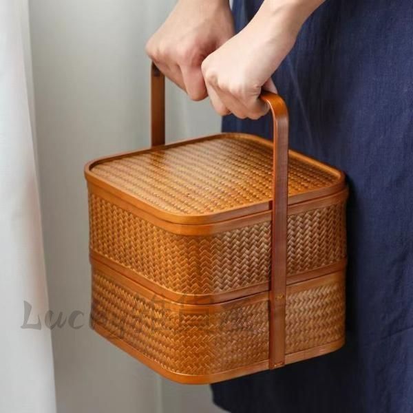 民芸職人手作り収納ケース竹編みバッグ 茶道具 ピクニック 小物入れ籠0