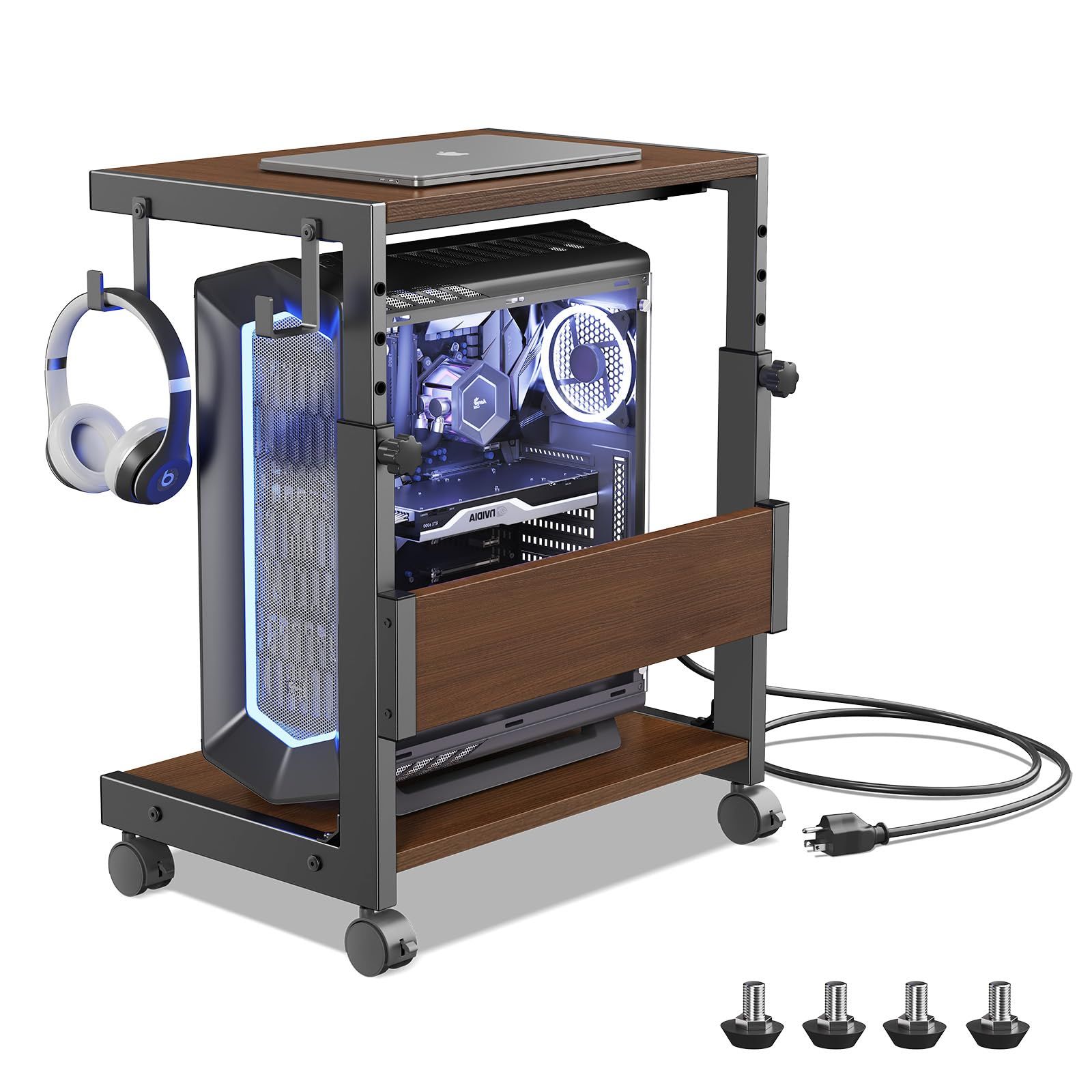 CPUスタンド PCラック パソコンラック 高さ調節 コの字型サイドテーブル キャスター付き 昇降式テーブル pcワゴン キャスター付き 収納テーブル CPUワゴン 2段木製の棚板 木目調 ソファー|サイド|オフィス用|ベッドルーム用|ゲーム用 組立品