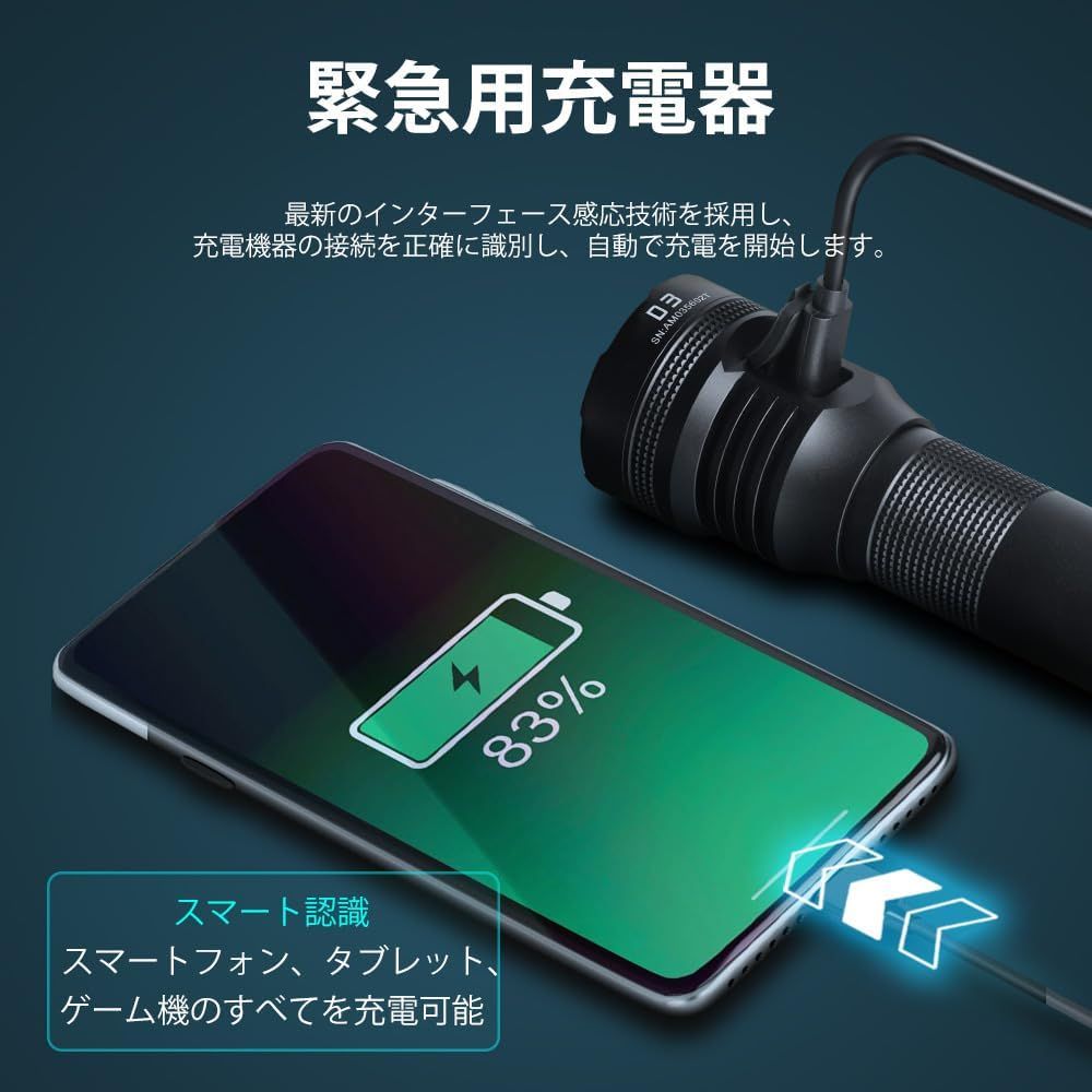 クイックチャージTYPE-Cサーチライト6000ルーメン照射距離605メートルバッテリー付属防水ライト26800電池付属 D3アルミニウムブラック