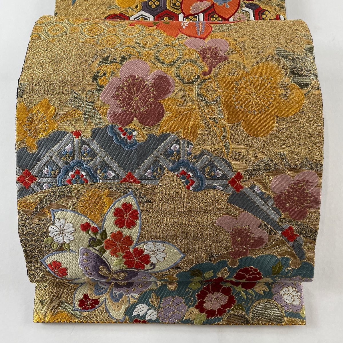 在庫一掃】 袋帯 美品 秀品 露芝紅葉紋 蝶 金糸 唐織 金色 六通
