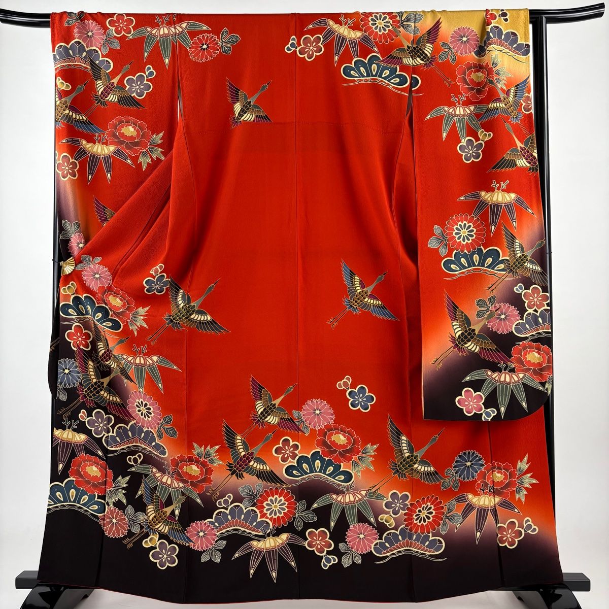 振袖 身丈163cm 裄丈69cm L 袷 落款 松竹梅 鶴 ぼかし 朱色 正絹 秀品