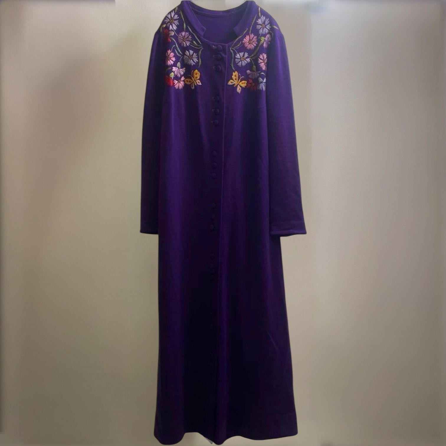 ヨーロッパ 70s 80s ヴィンテージ ワンピース 刺繍 マキシ ロング 紫