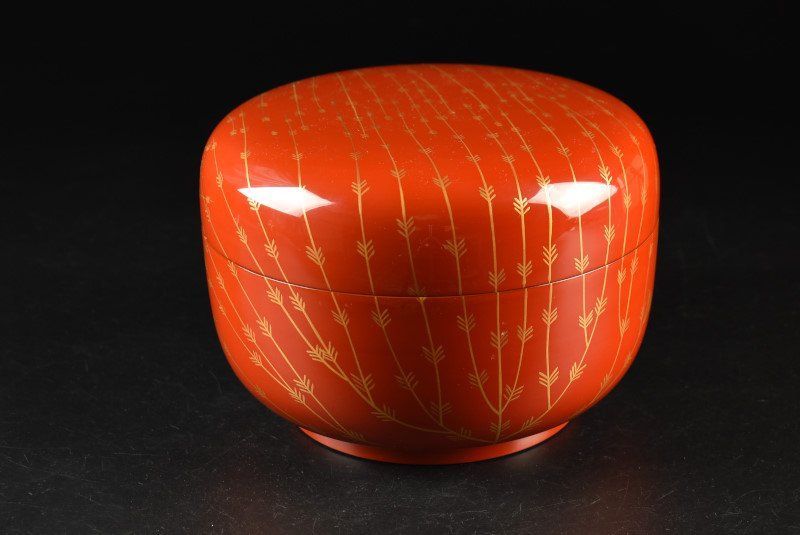 蔵A2843c 輪島塗 蒔絵師 一成 林幸雄 朱目張柳 喰籠 菓子器 共箱