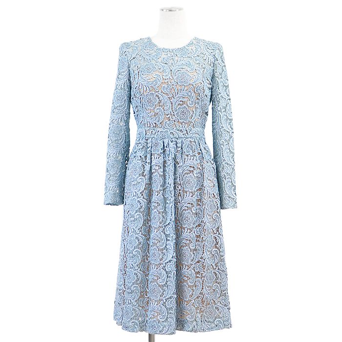 PRADA プラダ ワンピース シアー フローラル 花柄 メタリックフルレース ギャザー クルーネック ロングスリーブ 長袖 ドレス インナー付属 レディース サイズ 38 サックスブルー イタリア製