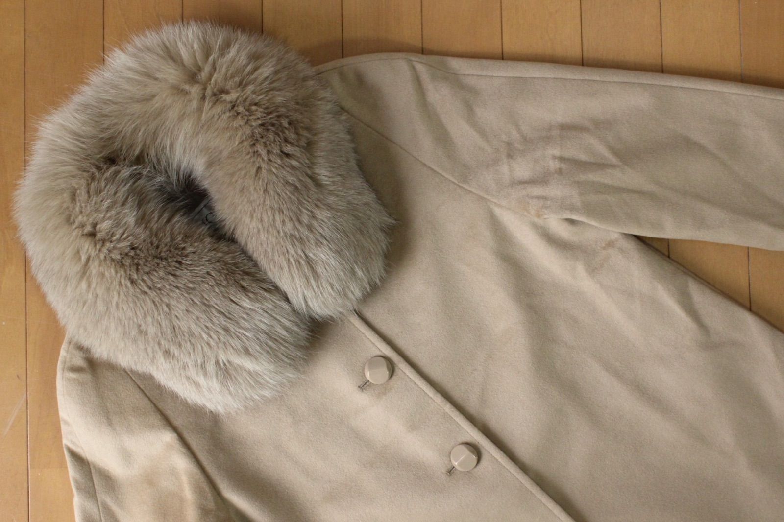 M49【美品】カシミヤコート M フォックスファー付き レディース 9号 