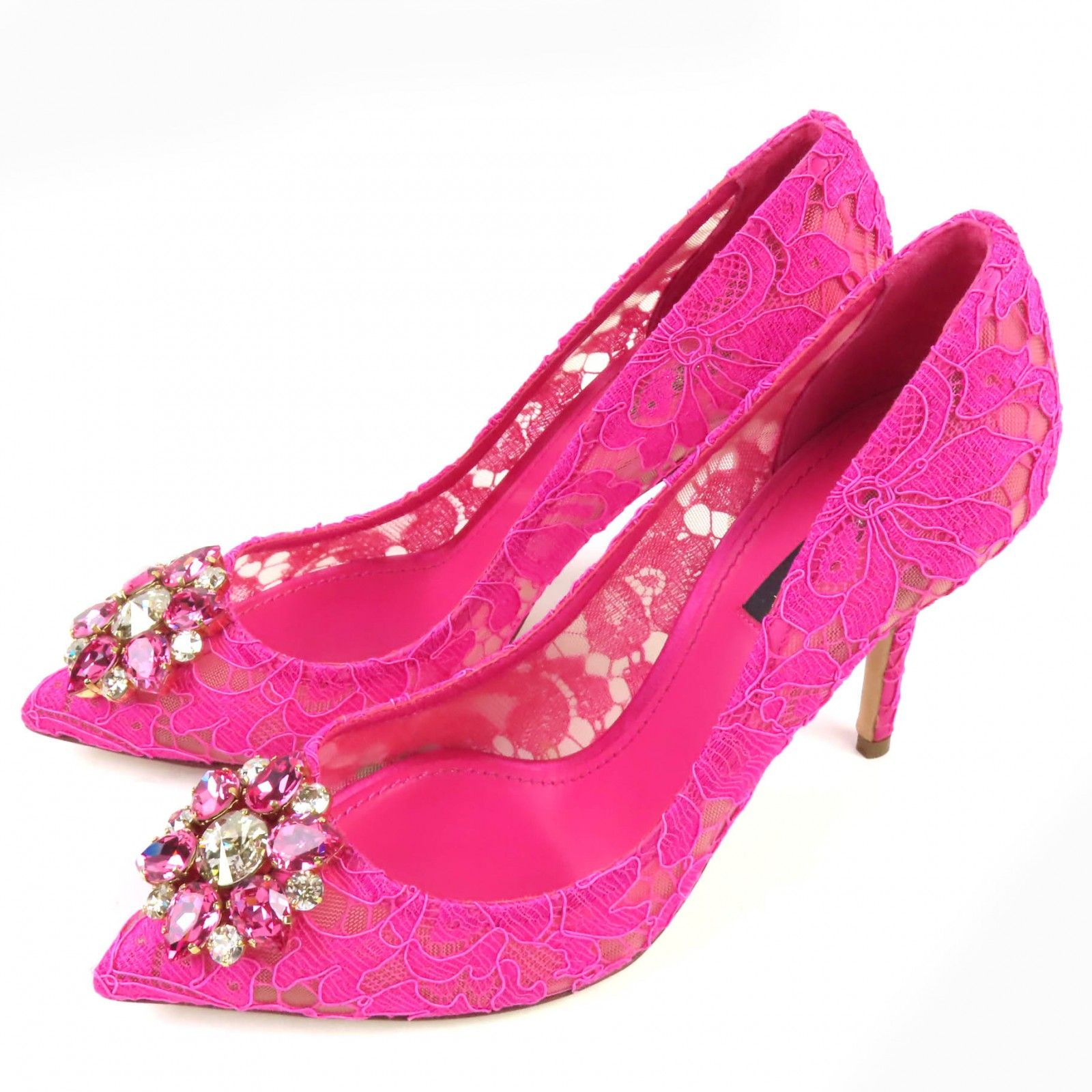 DOLCE-GABBANA ドルチェ＆ガッバーナ タオルミナレース クリスタルビジュー付き パンプス ピンク 38.5 箱 保存袋付き イタリア製 レディース 定価156 200円