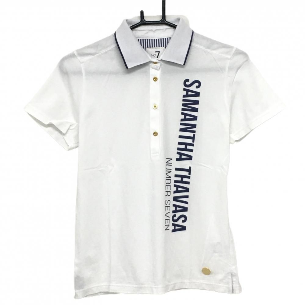 新品未使用　Samantha Thavasa ポロシャツ 40 Lサイズ 超美品】サマンサタバサ№7 半袖ポロシャツ 白×ネイビー ロゴプリント