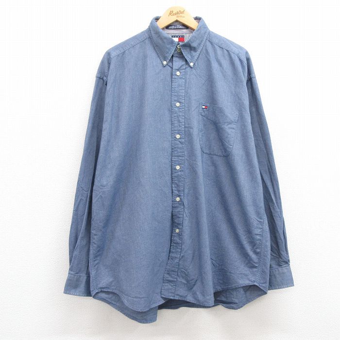 XL/古着 トミーヒルフィガー 長袖 ブランド シャツ メンズ 90s ワンポイントロゴ オックスフォード 大きいサイズ ロング丈 コットン ボタン