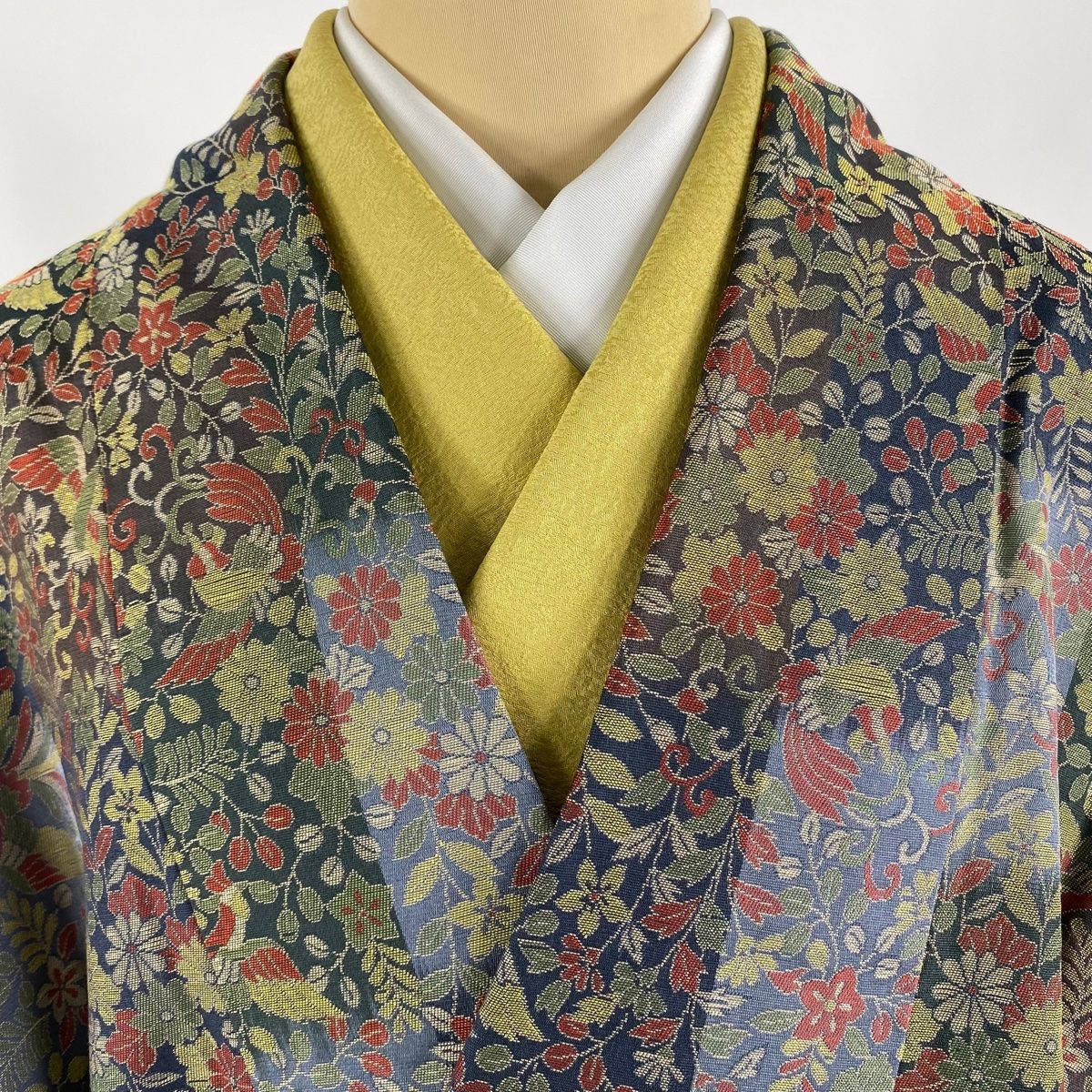 道中着 身丈104cm 裄丈64.5cm M 和装コート 草花 尾長鳥 灰緑 正絹 美  