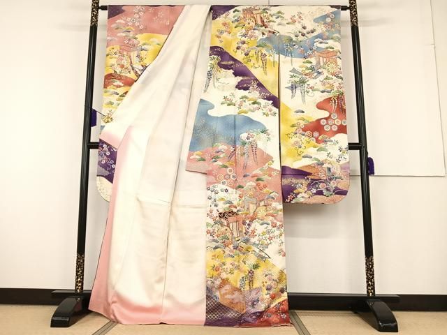 平和屋着物□紫綬褒章 巨匠『岩田専太郎』 振袖 駒刺繍 道長立波文 たたき