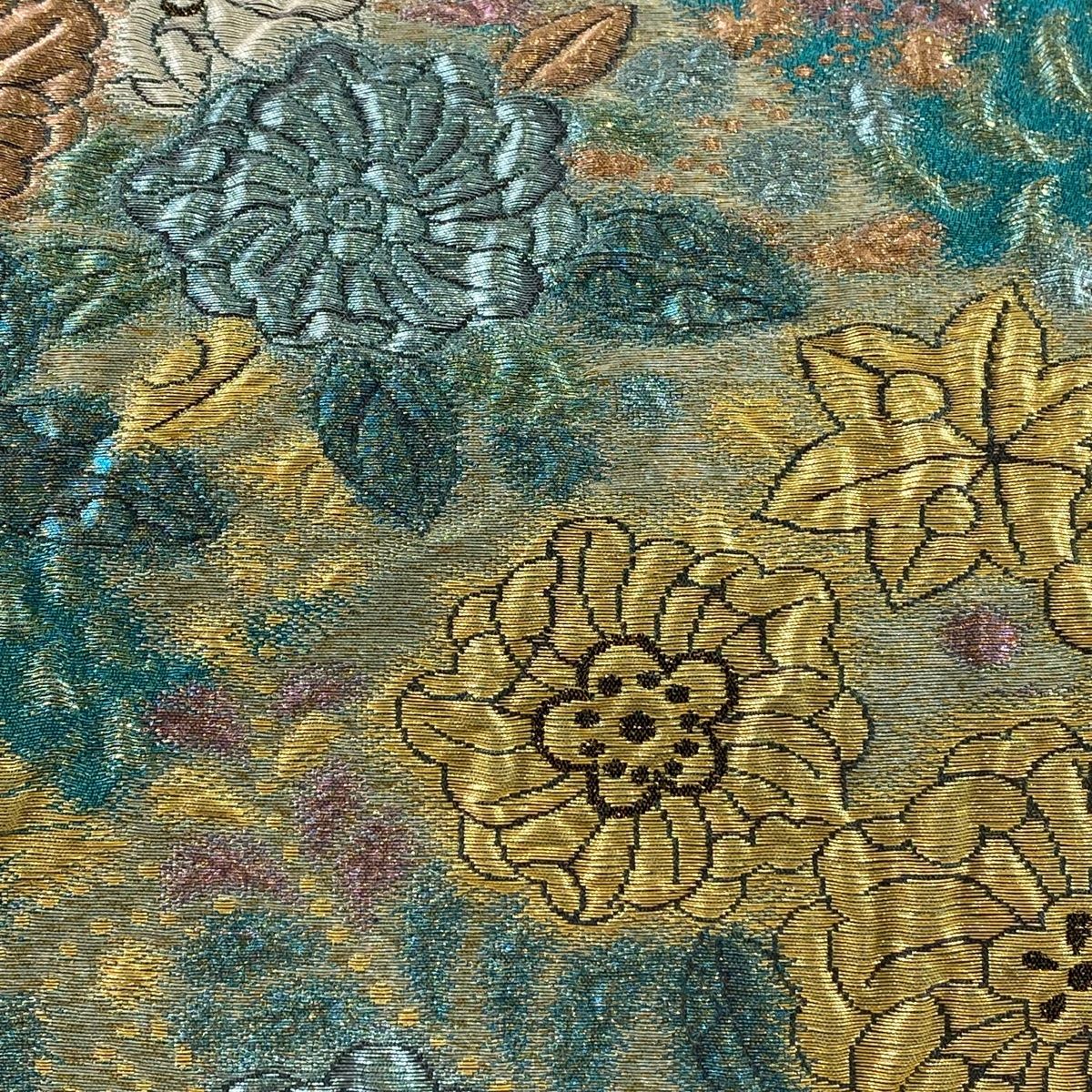 正絹　六通袋帯【辻ヶ花】No2811 袋帯 美品 名品 辻が花纐纈 草花 菱 箔 青緑 六通 正絹 【中古