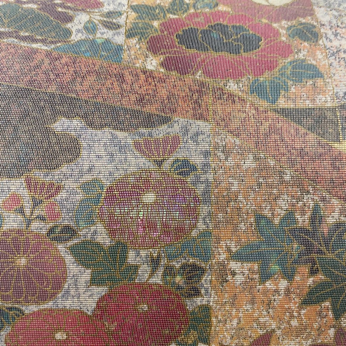 螺鈿細工 袋帯 唐花文様 金彩 正絹 お太鼓柄 Q809 袋帯 美品 秀品 枝花 段ぼかし 金彩 螺鈿 黄土色 お太鼓柄 正絹