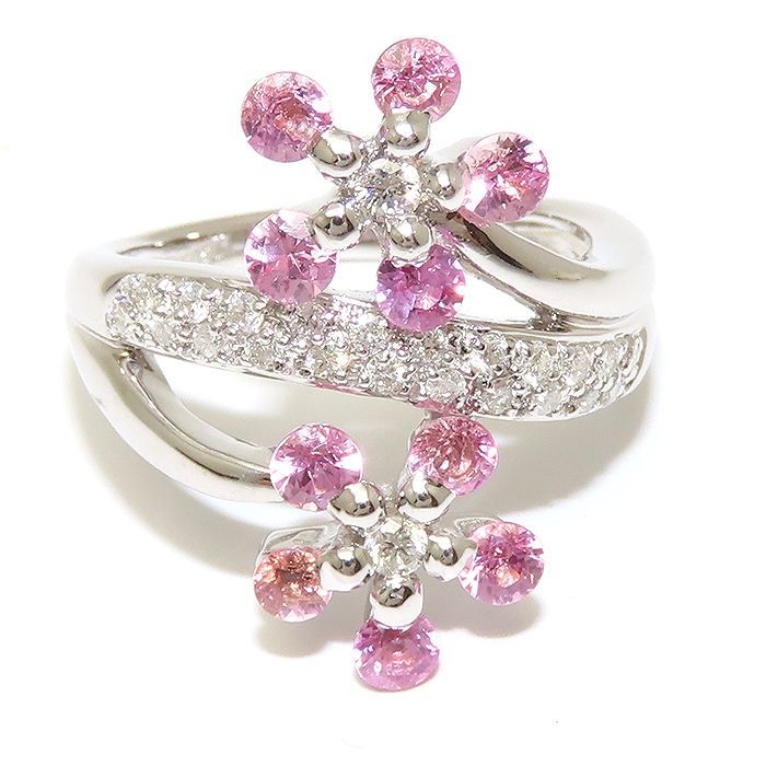 K18WG ピンクサファイア 1.35ct ダイヤモンド 0.30ct リング 6.6g 12号 