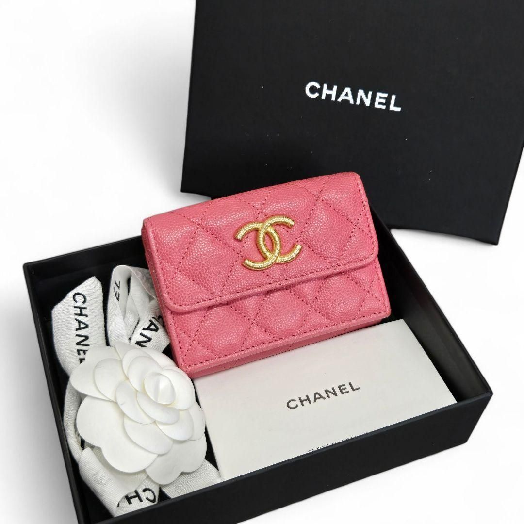 ♥ランク CHANEL シャネル マトラッセ キャビアスキンコンパクトウォレット ピンク 三つ折り財布 Wホック