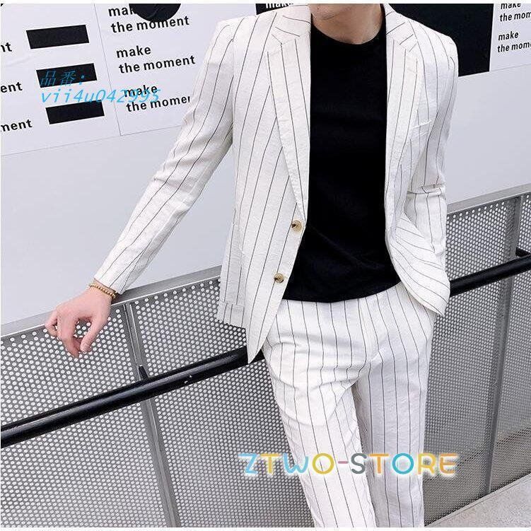 スーツ メンズ スーツセットアップ 上下セット 二点セット 白 結婚式 大人式 就職 紳士服 ストライプ 通勤 卒業式 細身 おしゃれ vii4u042995