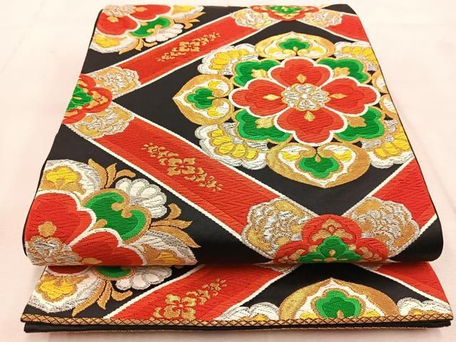 平和屋着物◎六通柄袋帯 唐織 菱天井正倉院花文 黒地 金銀糸 正絹 逸品