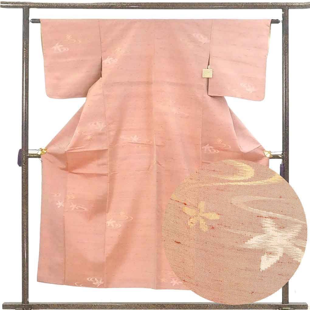 紬 身丈153cm 裄61cm 前幅23cm 後幅30cm 袖丈47cm 袖幅31cm レディース 袷 流水 裄Sサイズ 秋冬春用 正絹 シルク ピンク リメイク リユース リサイクル 呉服のきくや