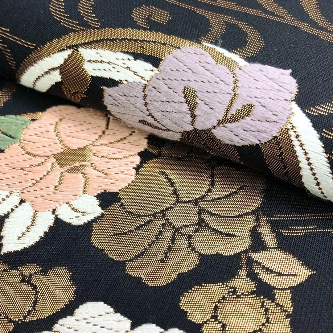 名古屋帯 丸に花草柄 流水模様 金糸 黒色 O-3509 - メルカリ 