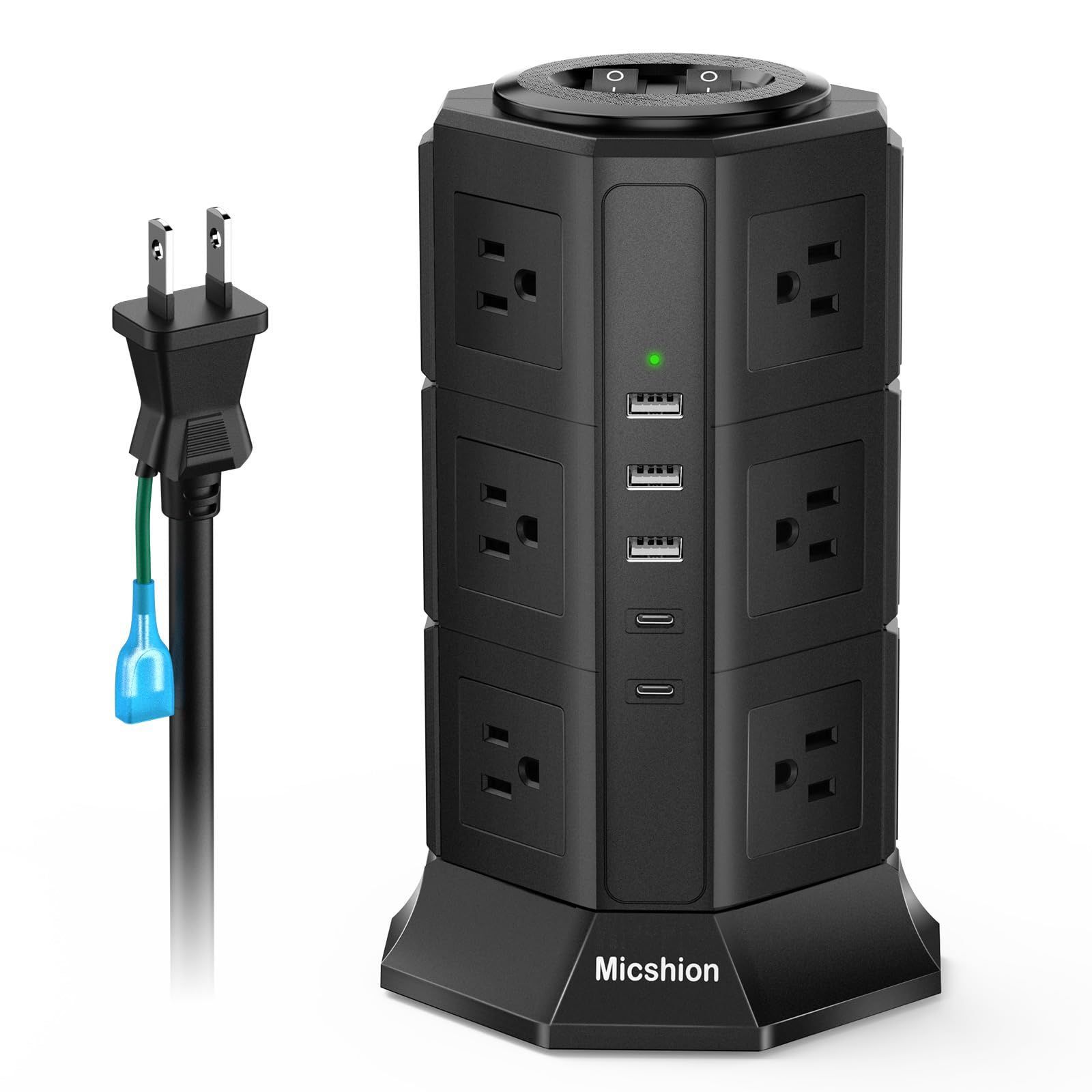 【即日発送】電源タップ タワー型 5個USBポート (2個USB-C+3個USB-Aポート) 12個コンセント 2ｍ 急速充電 個別スイッチ 3段 コンセントタップ 過負荷保護 マルチ多重保護機能 自宅用 会社用 1年間