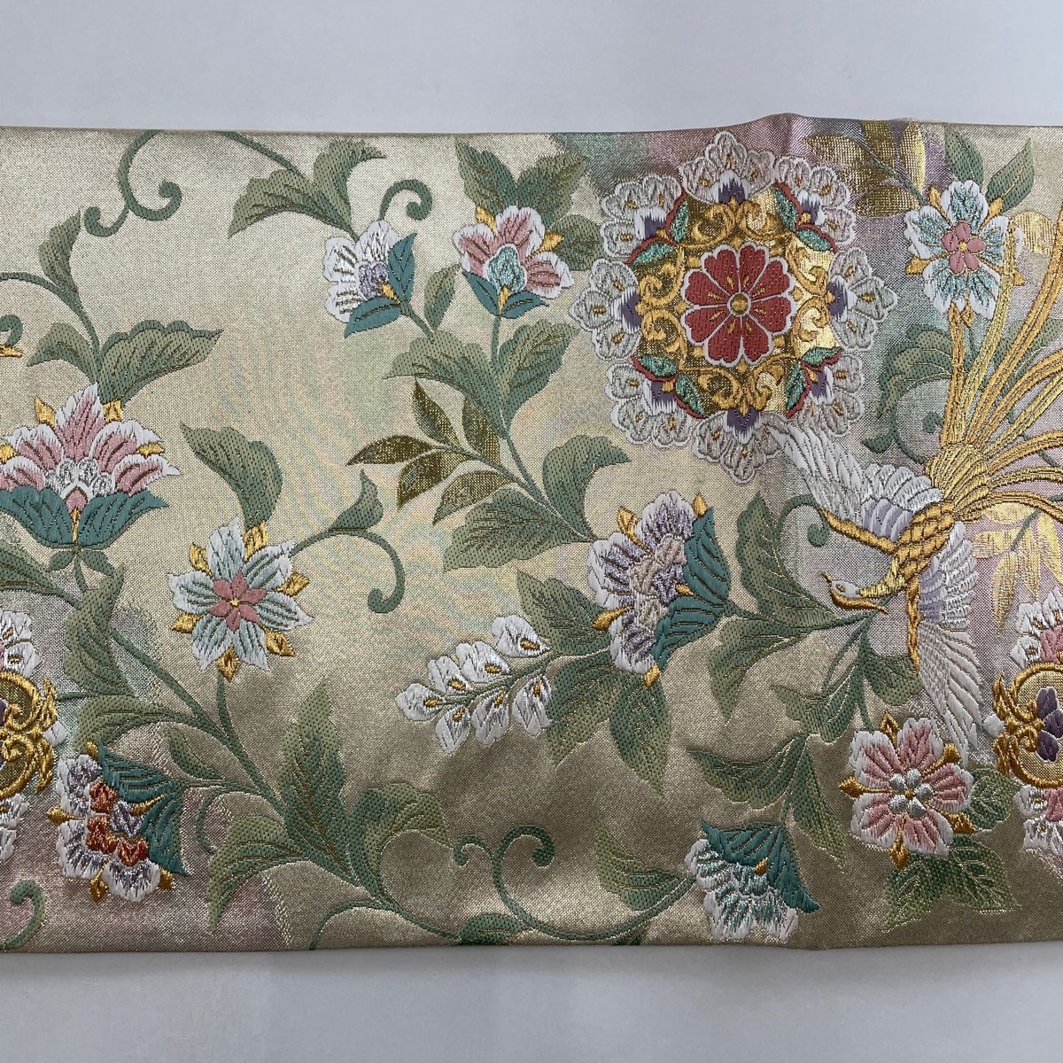 袋帯 美品 秀品 関西仕立て 華文 尾長鳥 金銀糸 箔 金色 六通
