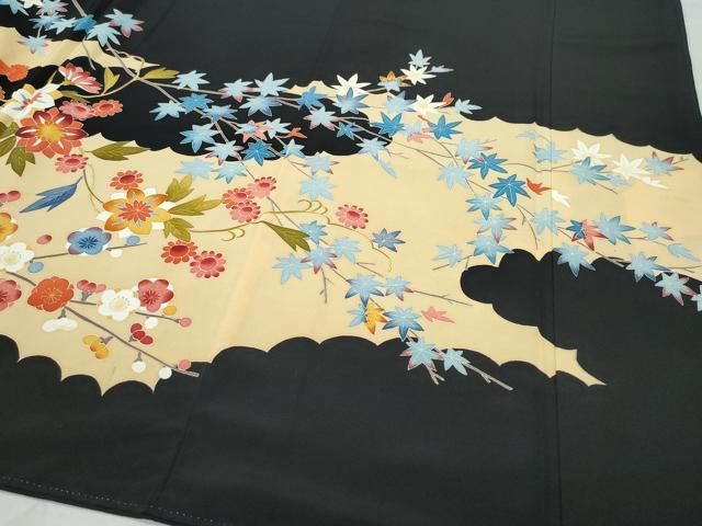 梅乃【122】正絹　黒留袖　三越　フルセット　手描き　本加賀友禅　押田正義 梅乃【122】正絹 黒留袖 三越 フルセット 手描き 本加賀友禅