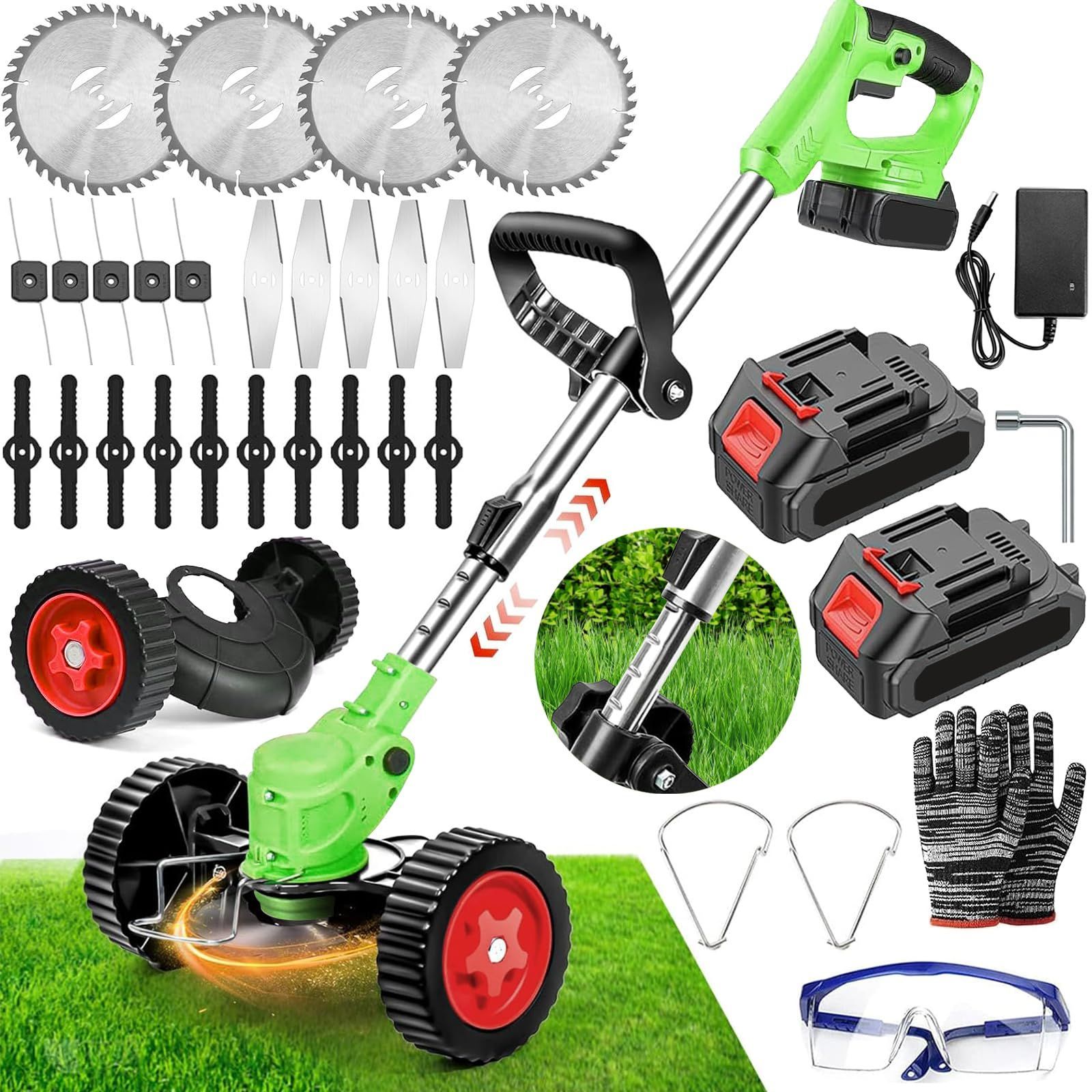 草刈り機 2025昇級版 芝刈り機 草刈り機 充電式 4種類の替刃 21V 18000rpm コードレス 伸縮式 大容量バッテリー2個 補助輪 3段階で角度調整 軽量 低騒音 安全 樹脂回転刃 枝切り 芝生庭 畑 雑草 草 植木 替え刃 家庭