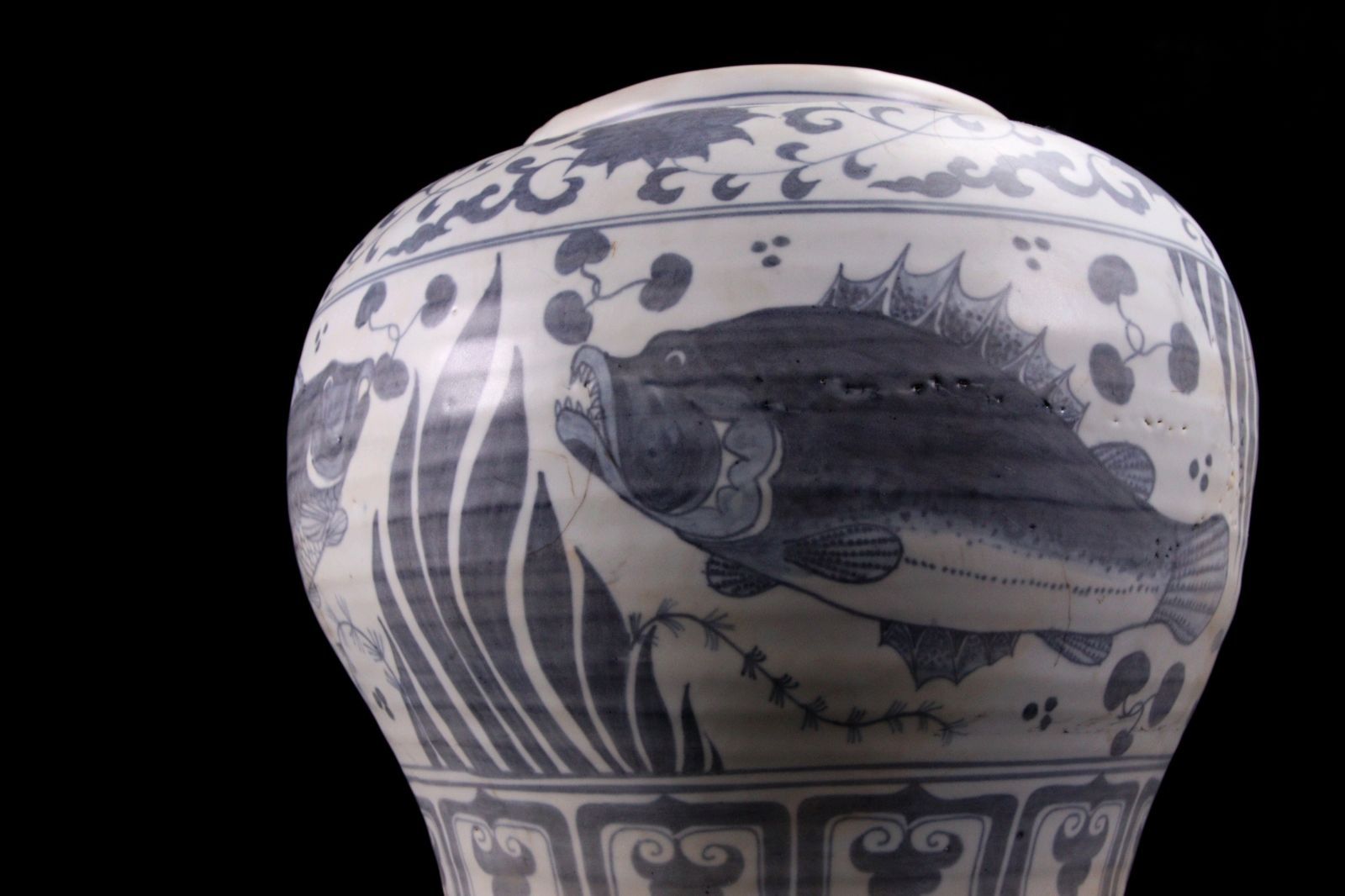 中国 青花魚藻文壷 30cm 白磁 染付 唐物 骨董 古美術 楾 F977