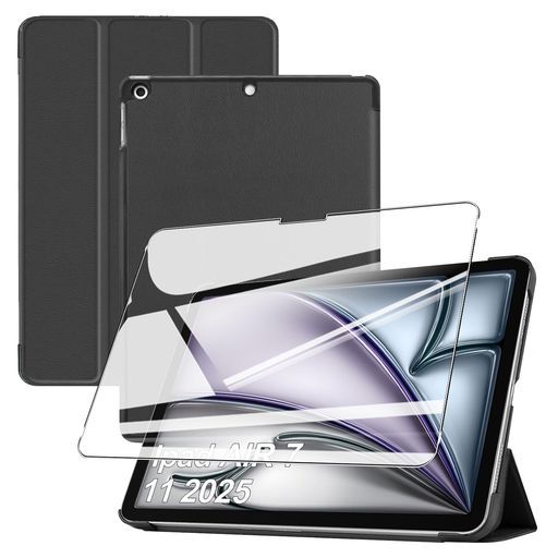 iPadAir11インチケースフィルムM3/M2第7世代/第6世代iPadAir11インチ用保護ケースガラスフィルムセット軽量保護カバー角度調整上質PU製全方位カバー耐衝撃【ブラック】+保護フィルム1枚 NIMASO ブルーライトカット ガラスフィルム iPad Air 11 インチ M3 第7世代 2025/iPad Air M2 第6世代