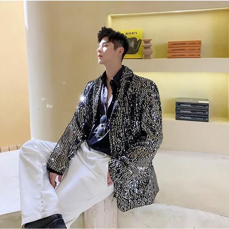 Babsully] テーラードジャケット メンズ ステージ衣装 キラキラ 派手 ブレザー スパンコール 一つボタン スーツ ジャケ  上下2点セット/セットアップ対応】ポンチセットアップ/スーツ｜OUTLET (MEN'S) / アウトレット [Babsully] スーツ メンズ  上下セット 舞台衣装 光沢 ... [Babsully] スーツ メンズ ジャケット テーラードジャケット スパンコール キラキラ ステージ衣装 光沢 パーティー カラ
