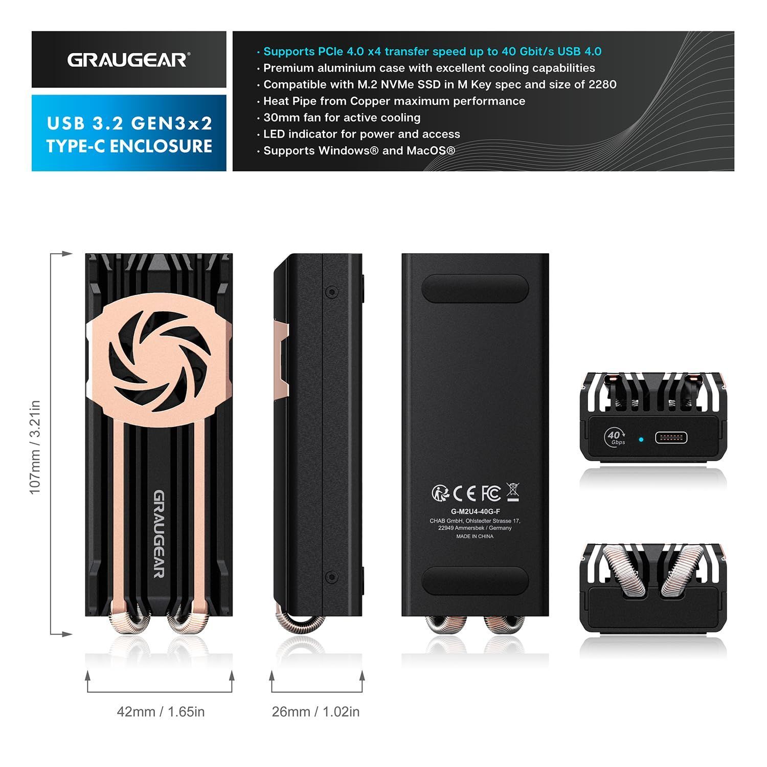 新着商品 外付けケース Thunderbolt SSD 4 3対応 USB4 M.2 SSD ケース NVMe アルミ製M.2 SSD 4.0 外付け USB エンクロージャ 二つの純銅のヒートパイプ 40Gbps超高速 GRAUGEAR 内蔵冷却ファン付き CHRISTIANNAURATH_COM_BR