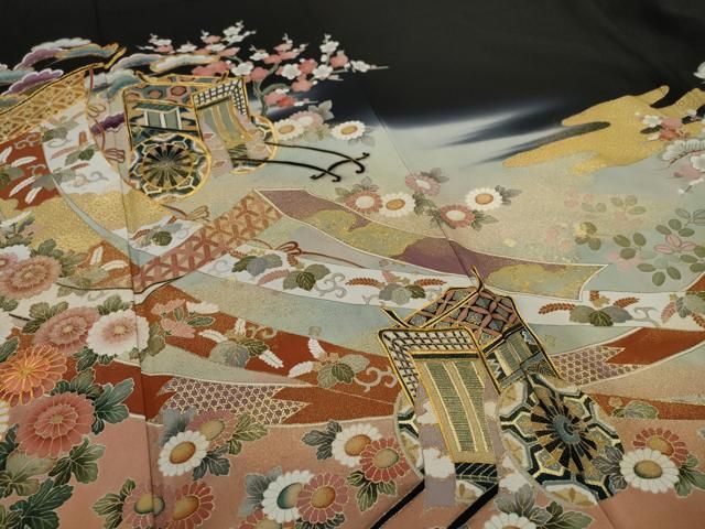 平和屋着物□豪華黒留袖 作家物 駒刺繍 御所車花文 暈し染め