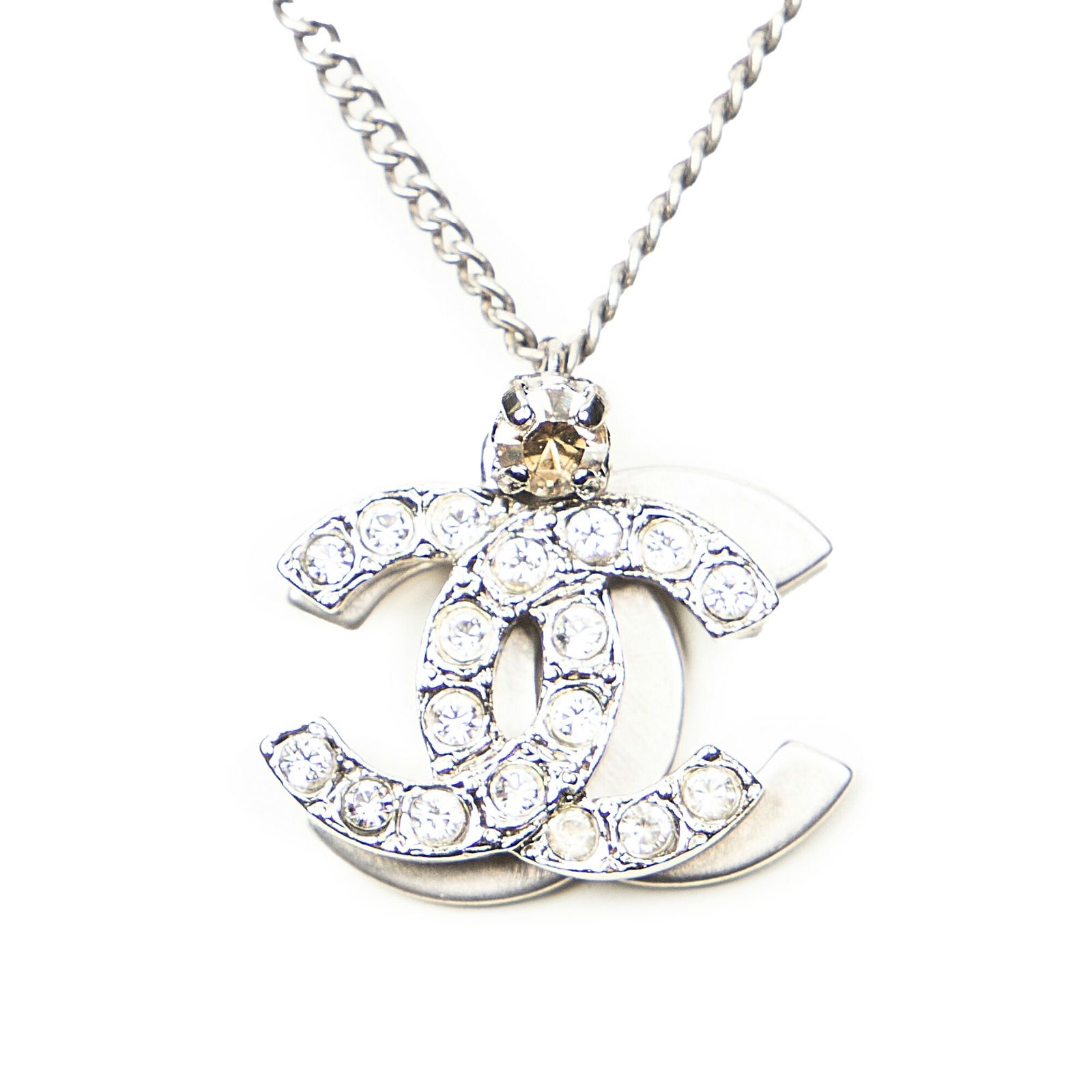 CHANEL シャネルダブルCCラインストーンペンダントネックレス銀シルバーメッキA