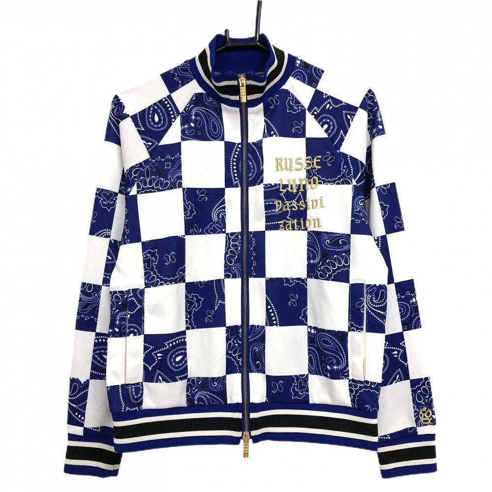 ラッセルノ ジャケット ブルー×白 ブロックチェック×ペイズリー ルチャマスク レディース 2 L ゴルフウェア RUSSELUNO