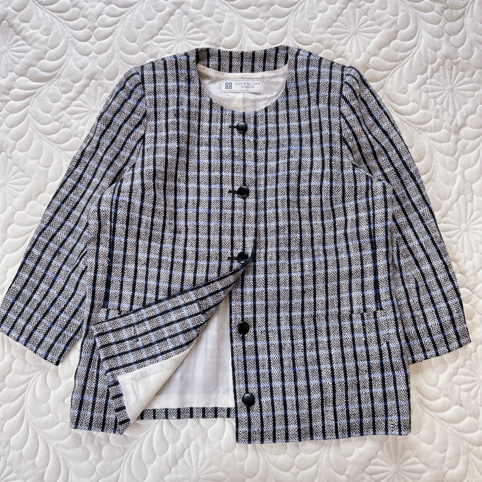 大きいサイズ17号 GIVENCHY ジバンシィ archive ヘリンボーン ウインドウチェック ノーカラージャケット ブラック|ブルー|ホワイト