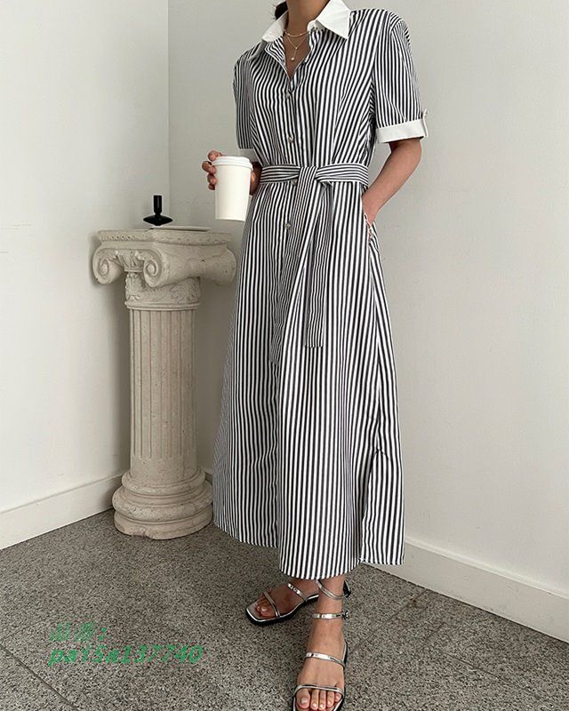 襟付き シャツワンピース ストライプ ロング ワンピース 春 半袖 夏 シャツワンピース レディース ワンピース きれいめ カジュアル 春 ワンピース pai5a137740
