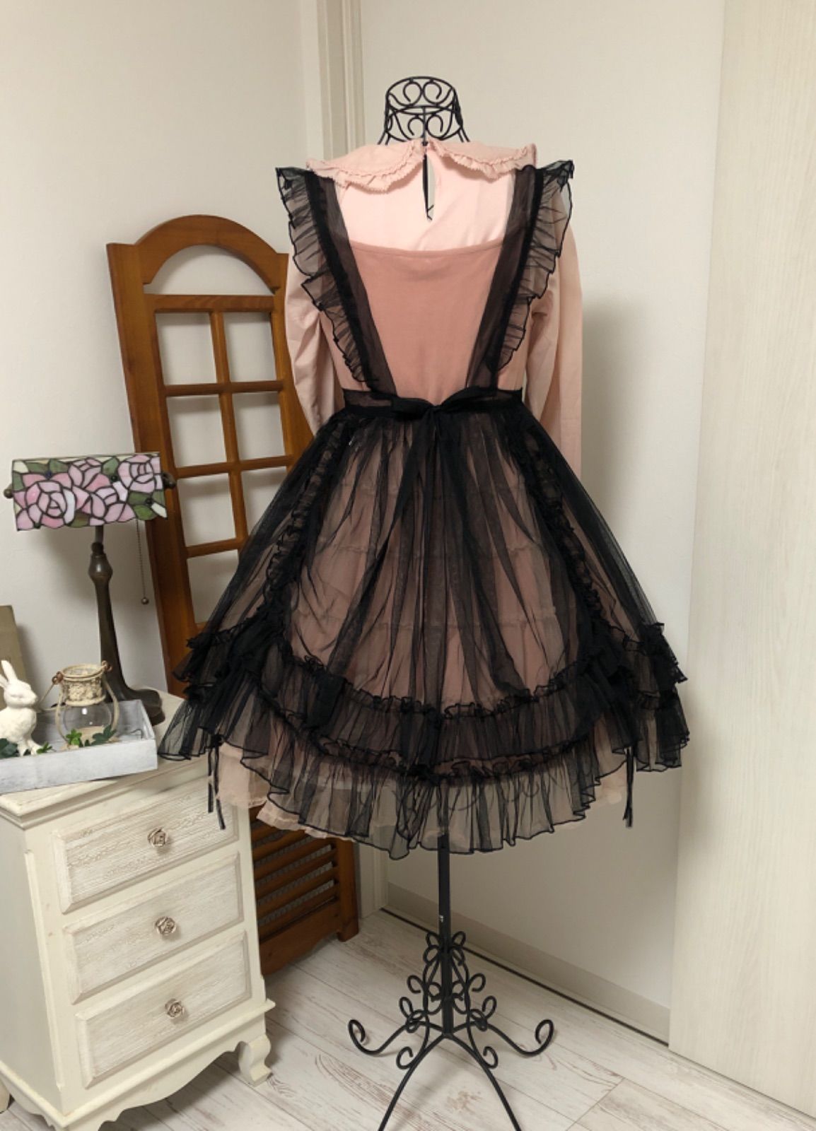 ブラック チュールレース 3Wayフリルエプロン オーバースカート タブリエ