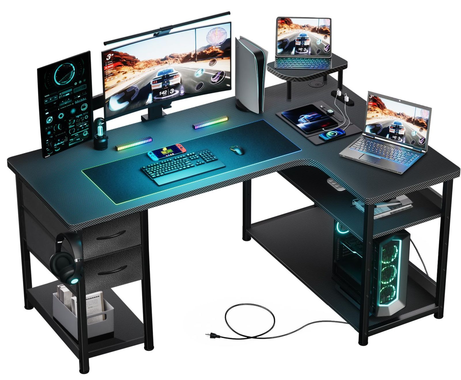 新着商品 棚高さ調節 ゲームデスク ワークデスク モニターアーム対応 小型モニター台 配線穴付き ラック付き 右棚 引き出し付き DL004 Black コンセント付き 幅120cm ジーティーレーシング カーボン調 机 pcデスク L字 勉強机 オフィ