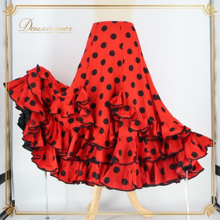 フラメンコ 衣装 ファルダ スカート 水玉 ドット ボランテ フリル 赤 黒 柄 模様 ダンス 発表会 パーティ レッド系 かわいい スカートボリューム おしゃれ フラメンコ衣装 レディースファッション イベント用 ステージ衣装 ダンス衣装 赤色系 黒色系
