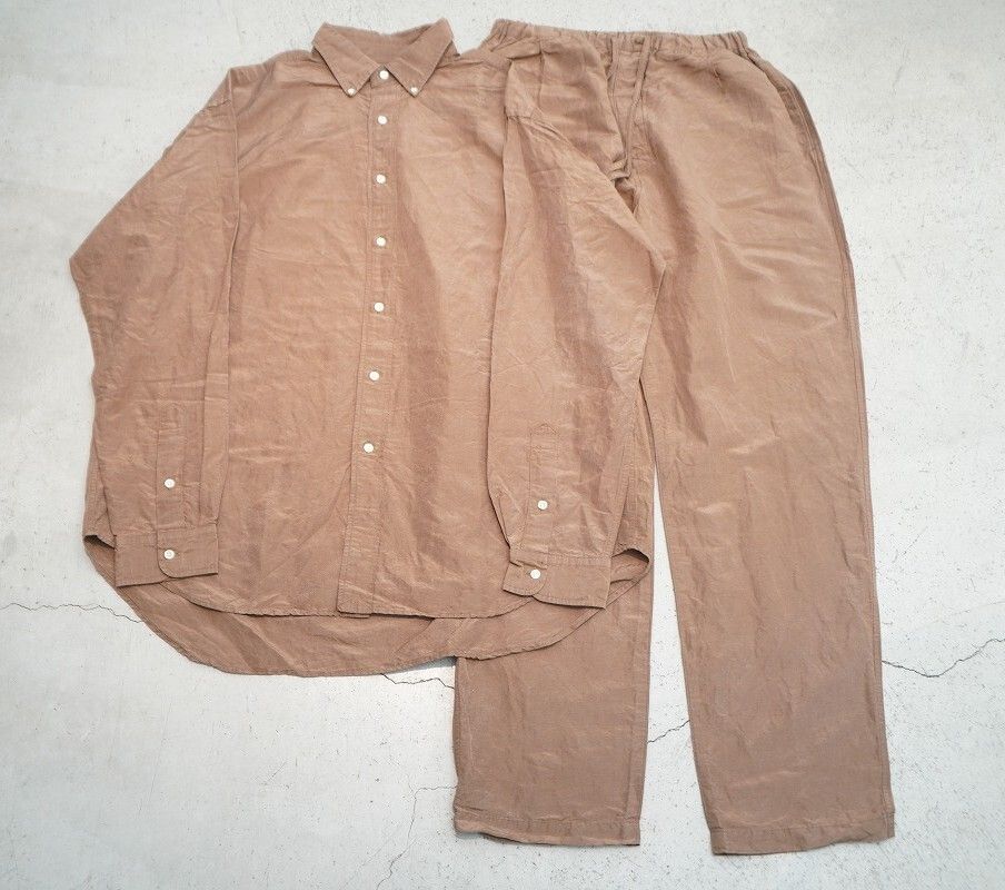 22SS LENO リノ リネン シルク 長袖 BD ボタンダウン シャツ H2202-SH005 ワイド イージー パンツ H2202-PT014 セットップ 茶 906O♪